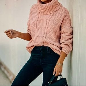 Vici Cropped Pink Cableknit Chenille Turtleneck
